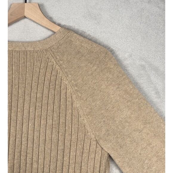 TALBOTS Sweater Women’s Sz L Tan Cotton Long Balloon Sleeve V-Neck Ribbed Raglan - Picture 9 of 10